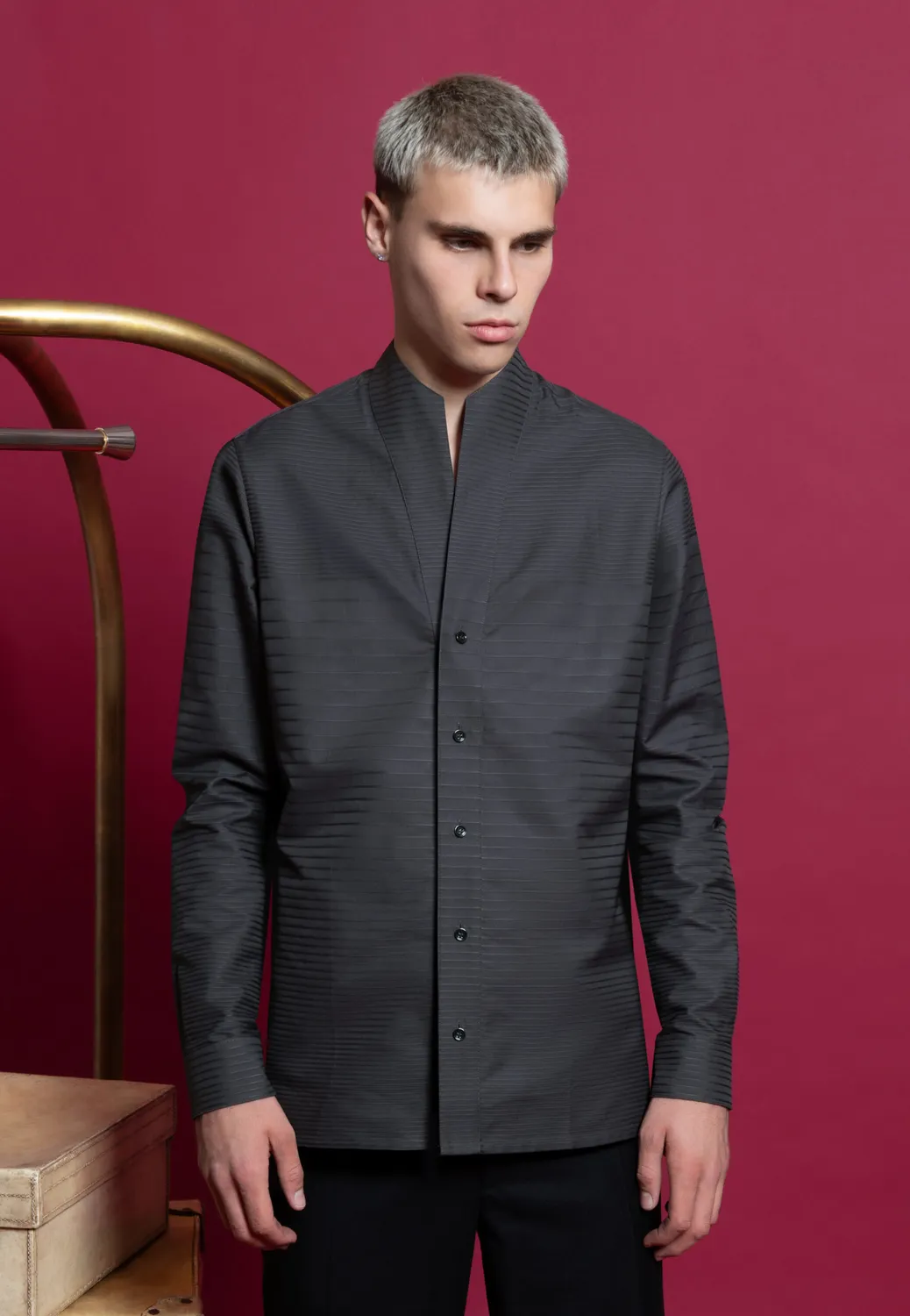 Pierre Talamon Chemise col montant coton gris rayures