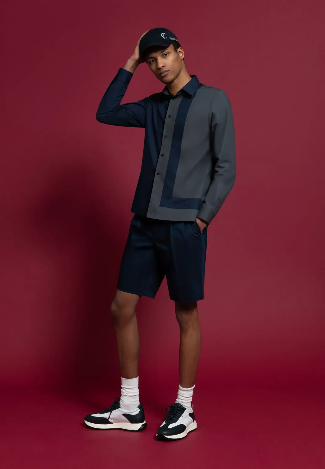 Pierre Talamon chemise empiècements gris bleu coton