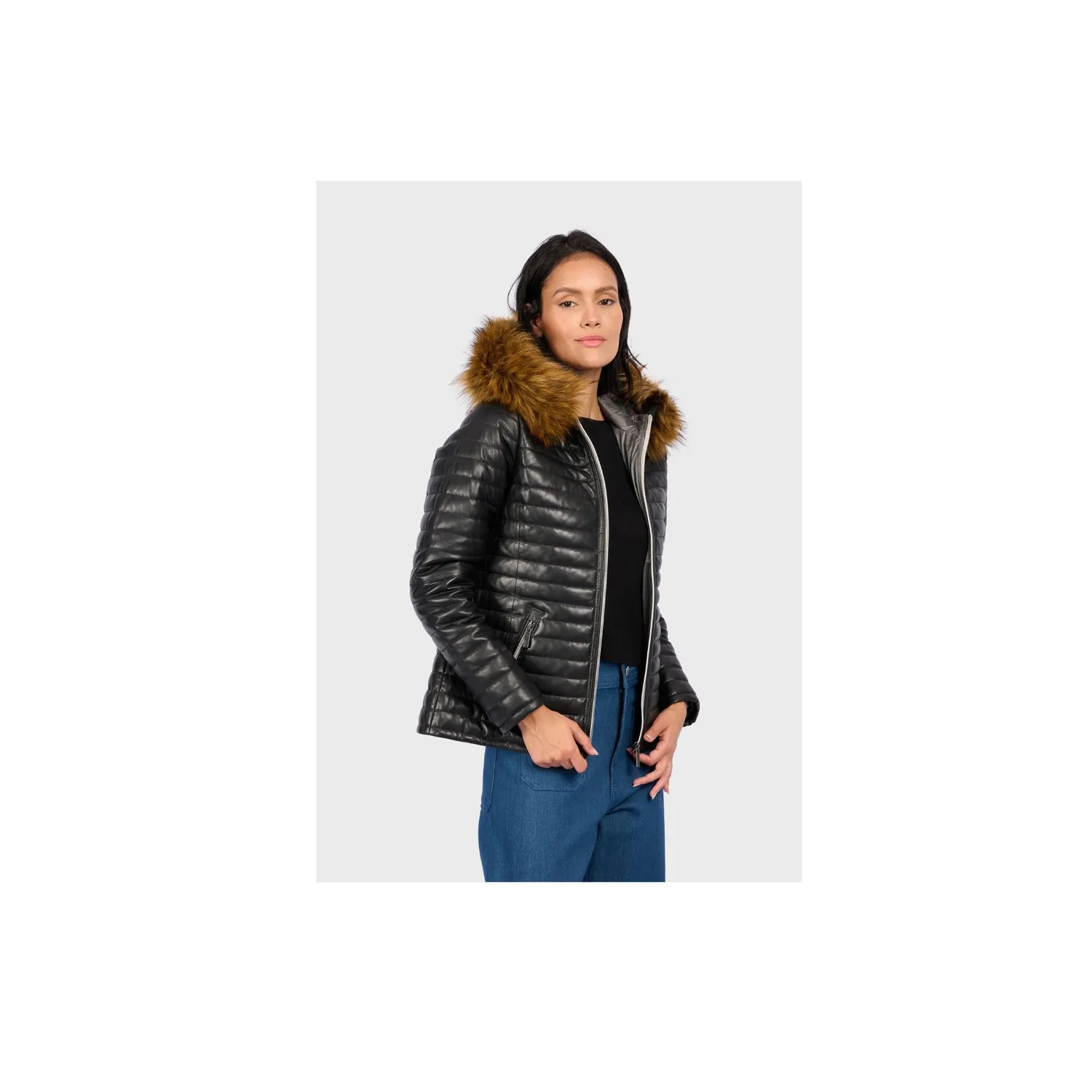 Oakwood Mandy 64911 doudoune cuir noir capuche fourrure