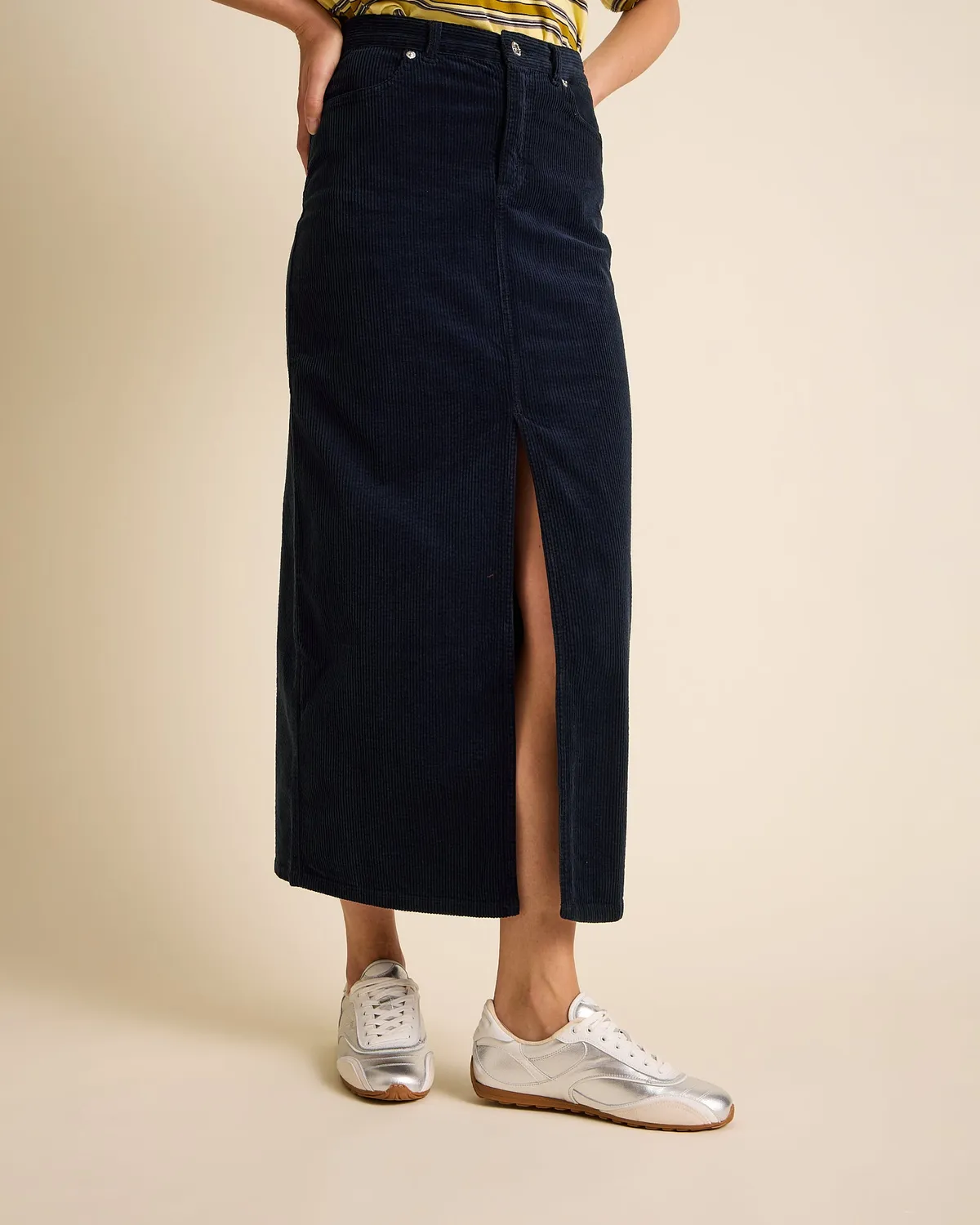 Cotelé Paris Jupe Frida navy midi fendue droite