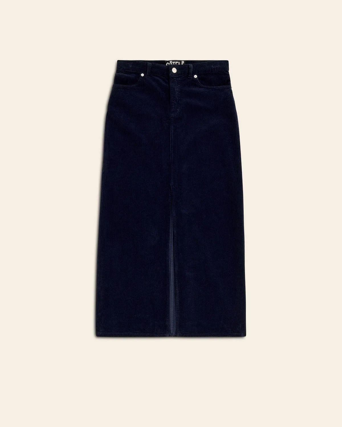 Cotelé Paris Jupe Frida navy midi fendue droite