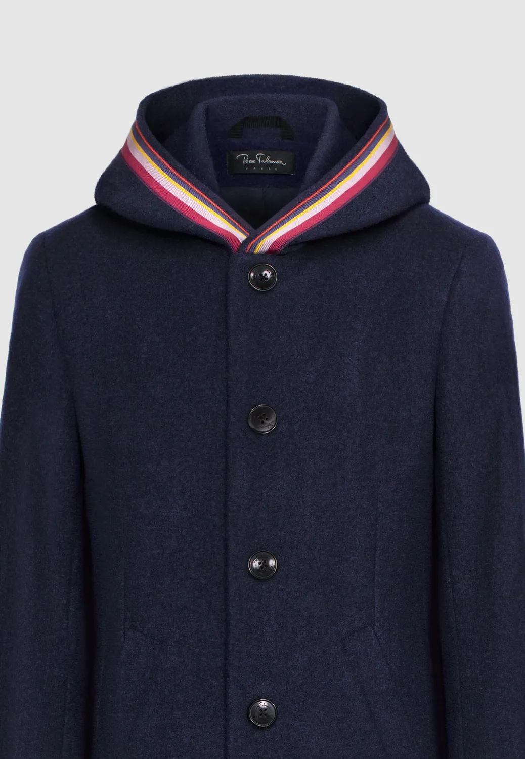 Pierre Talamon Manteau Laine Bleu Marine Capuche Galon
