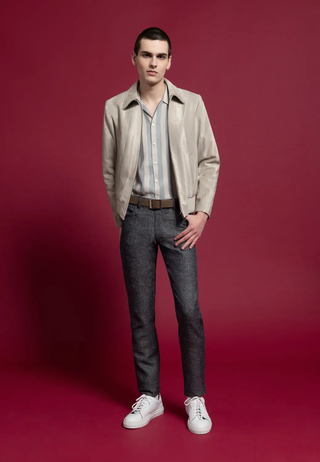 Pierre Talamon chemise rayures beige-bleu manches courtes viscose