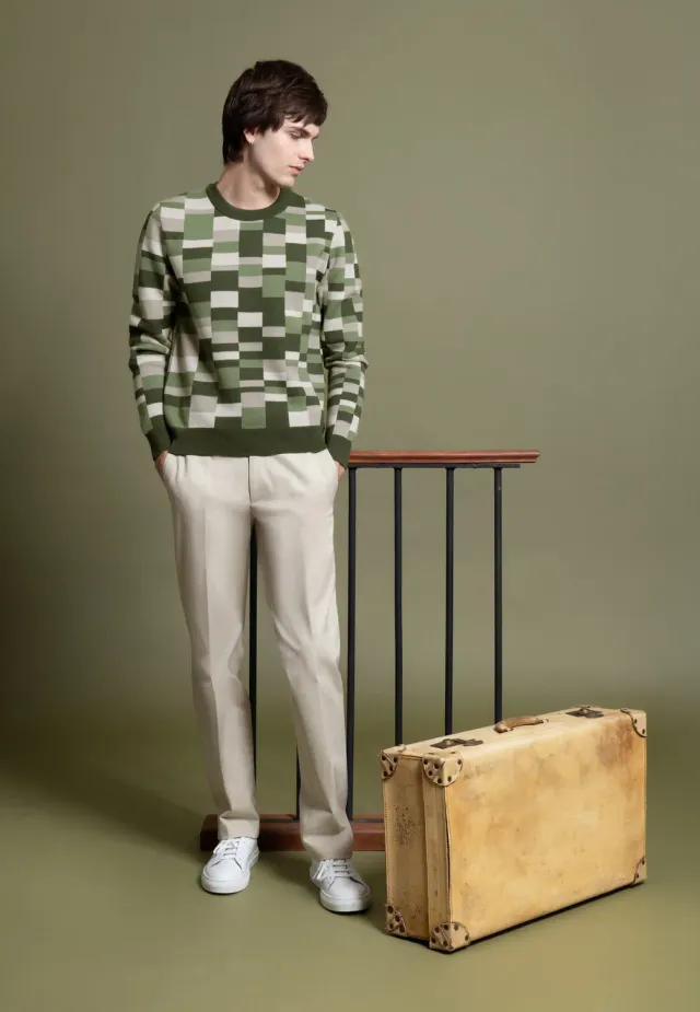 Pierre Talamon jacquard pull carreaux verts mérinos