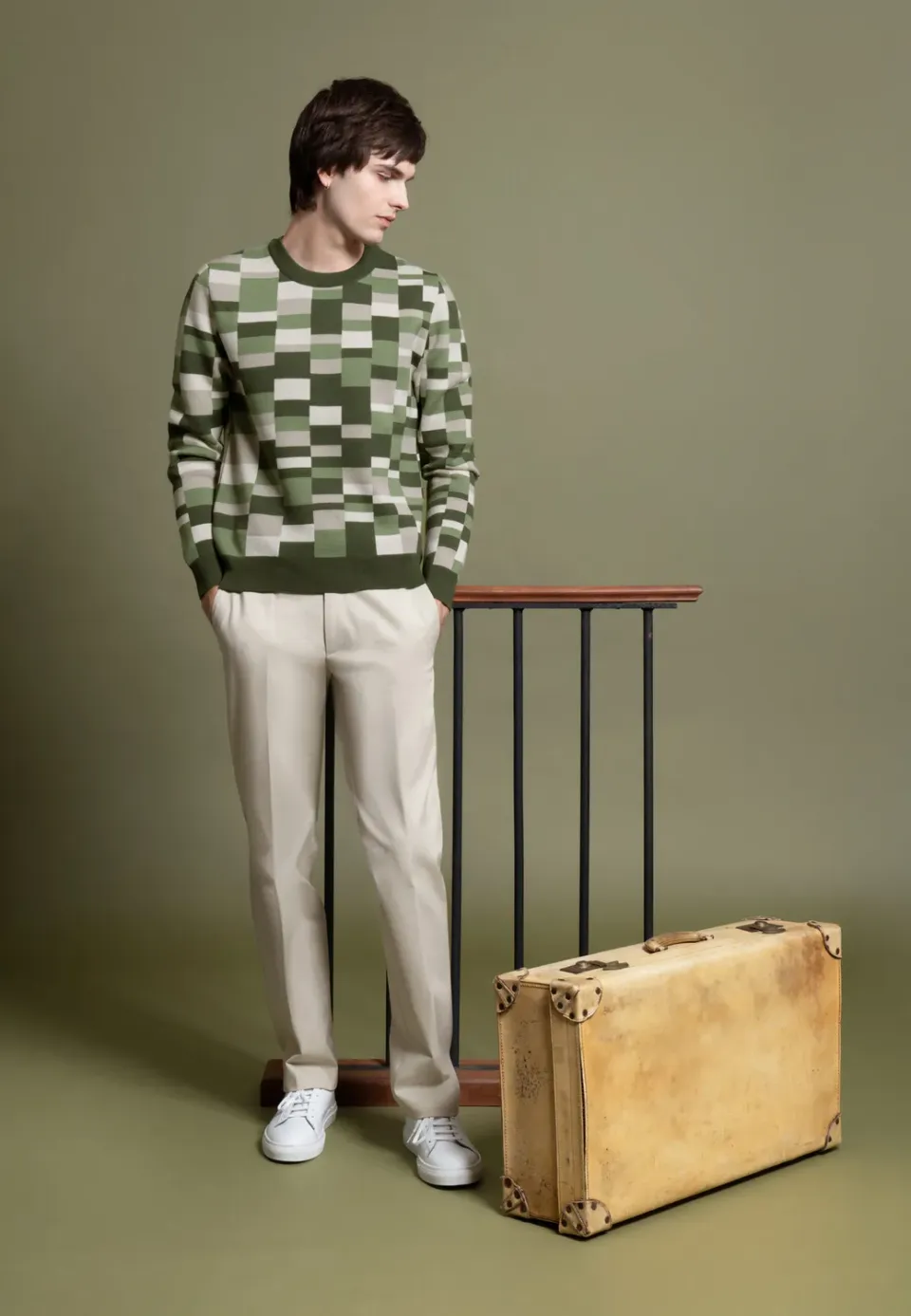 Pierre Talamon jacquard pull carreaux verts mérinos