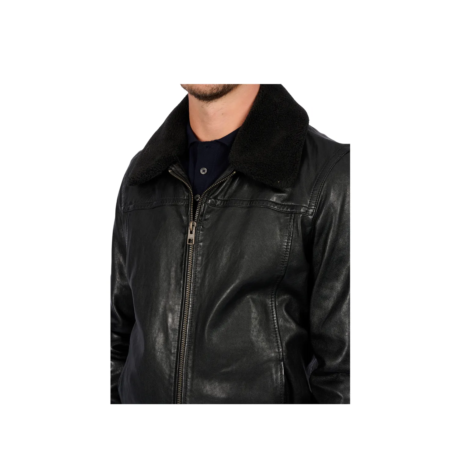 Oakwood Trader 64383 blouson cuir noir col fourrure