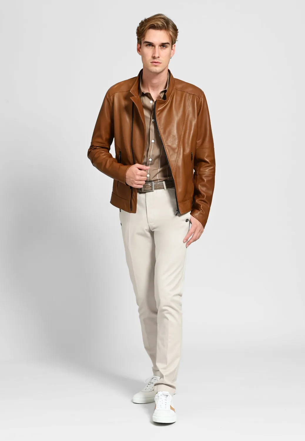Pierre Talamon chemise camel à rayures