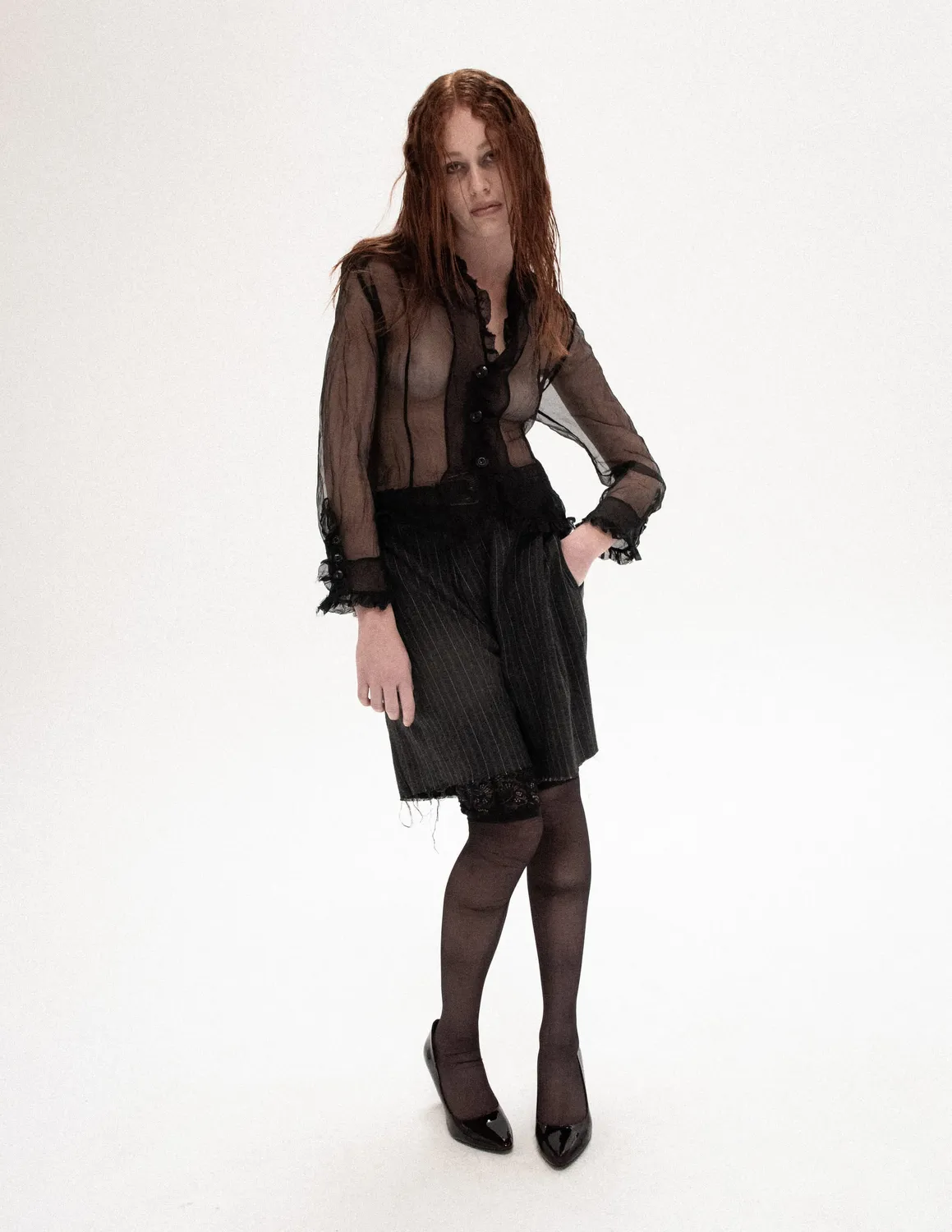 PAOLO LEDUC The Illicit Hemline short tailleur gris rayé laine