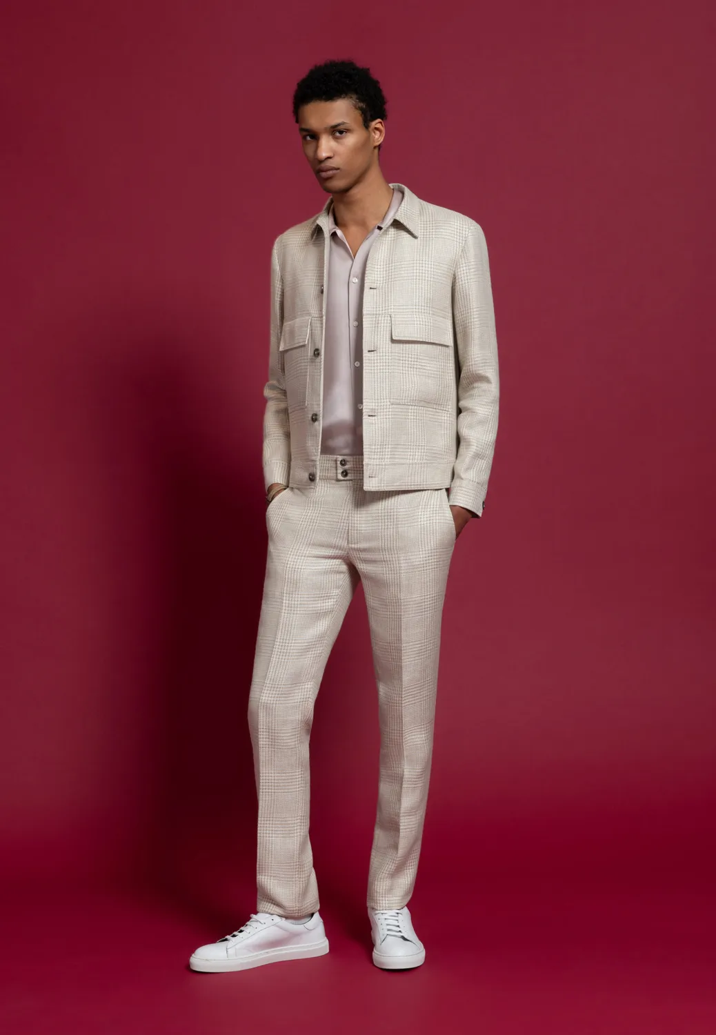 Pierre Talamon Prince de Galles pantalon beige lin et soie