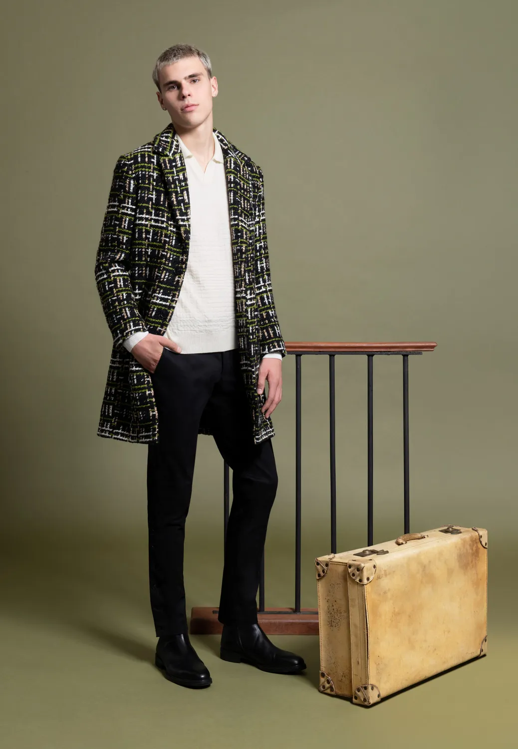 Pierre Talamon tweed manteau laine noir vert beige