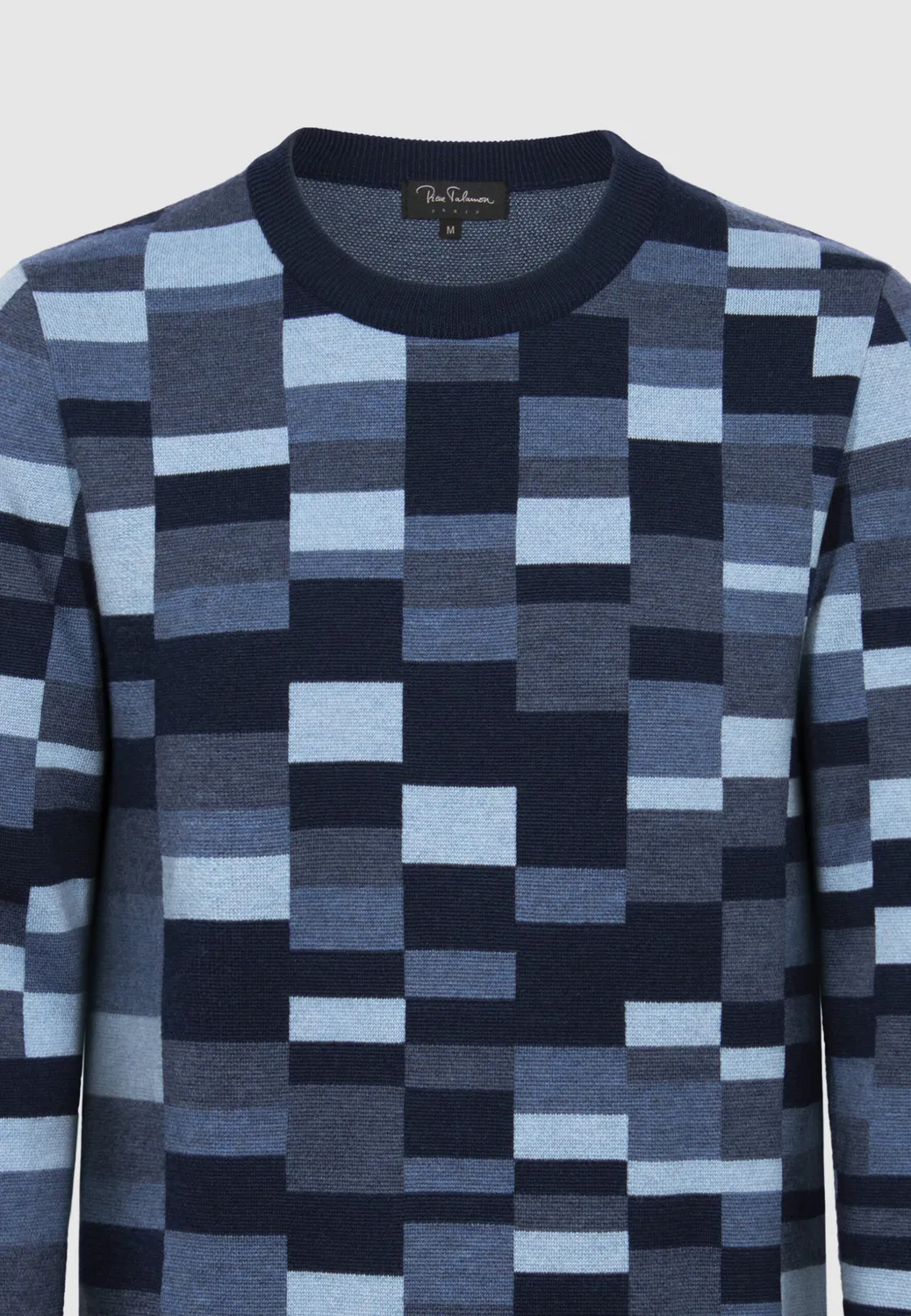 Pierre Talamon Jacquard Carreaux Bleus Pull Mérinos