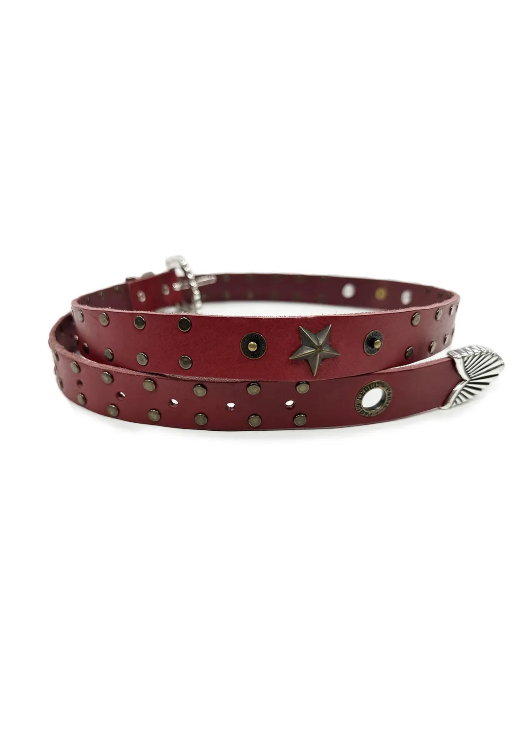 Paolo Leduc Cigarette ceinture cuir rouge cloutée