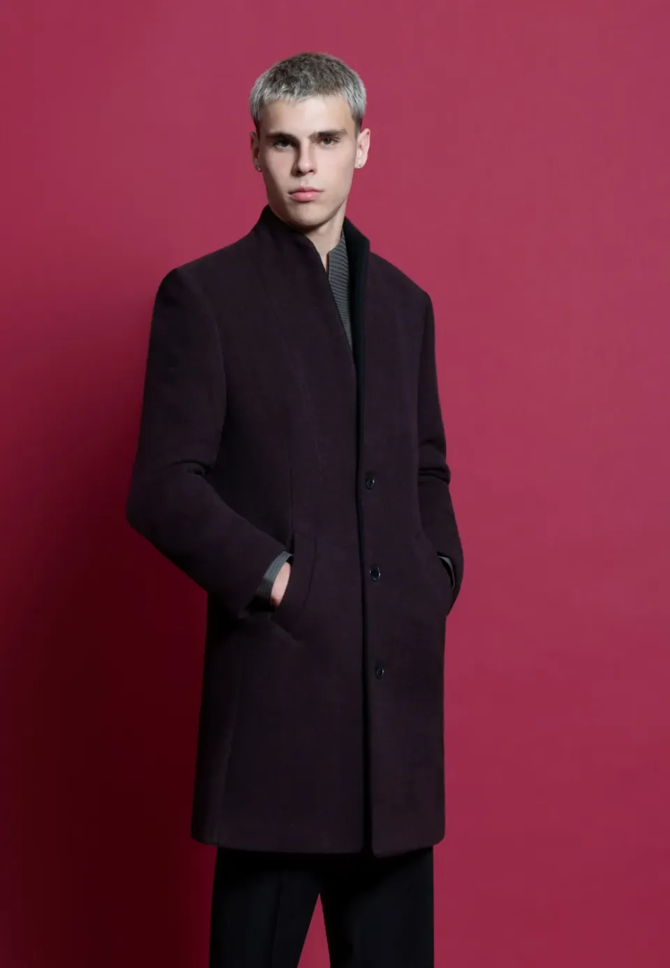 Pierre Talamon bordeaux noir manteau laine col montant