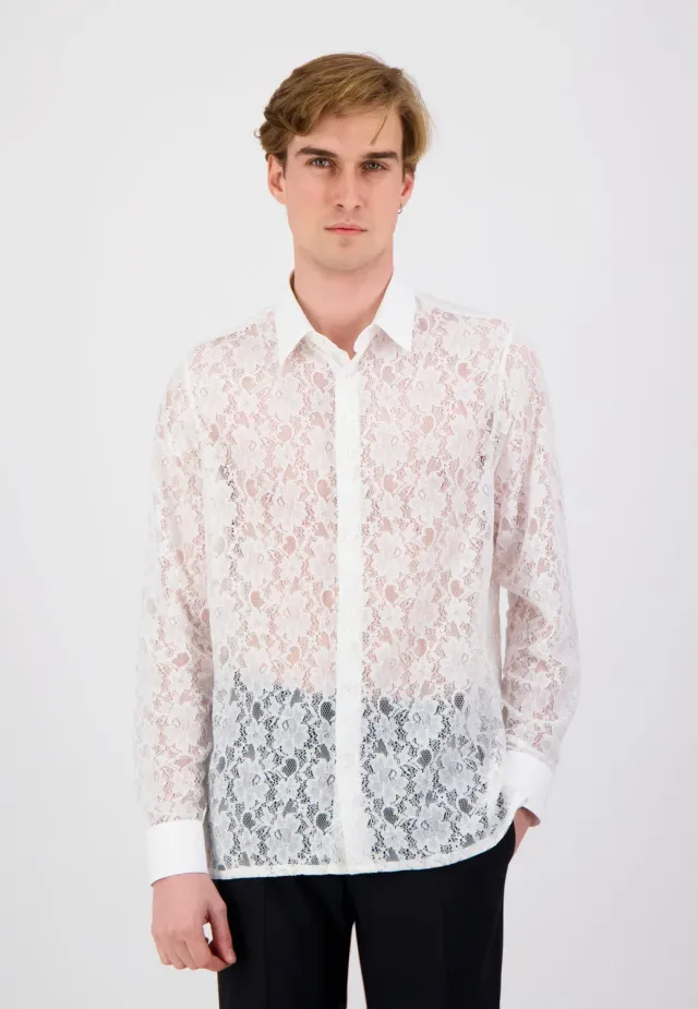 Pierre Talamon Dentelle chemise blanche manches longues