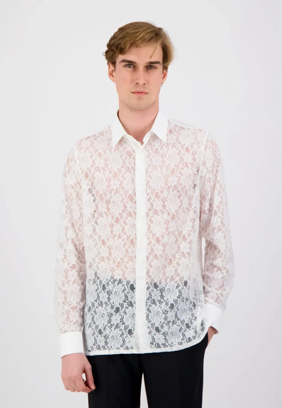 Pierre Talamon Dentelle chemise blanche manches longues