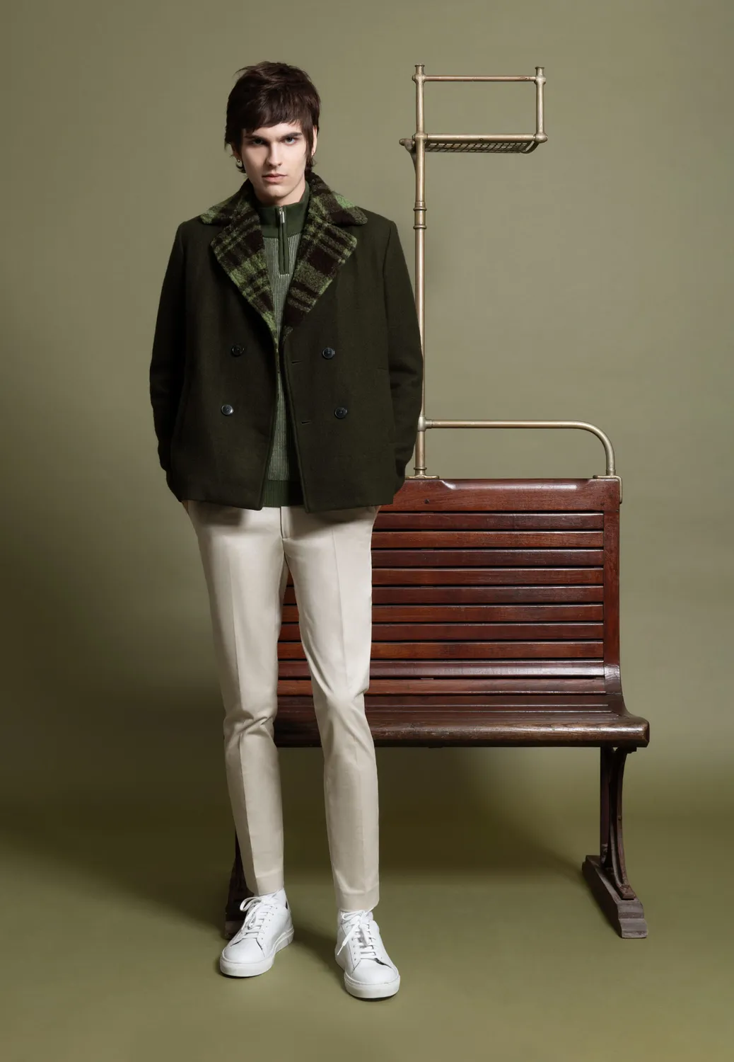 Pierre Talamon col zippé bicolore pull kaki blanc laine