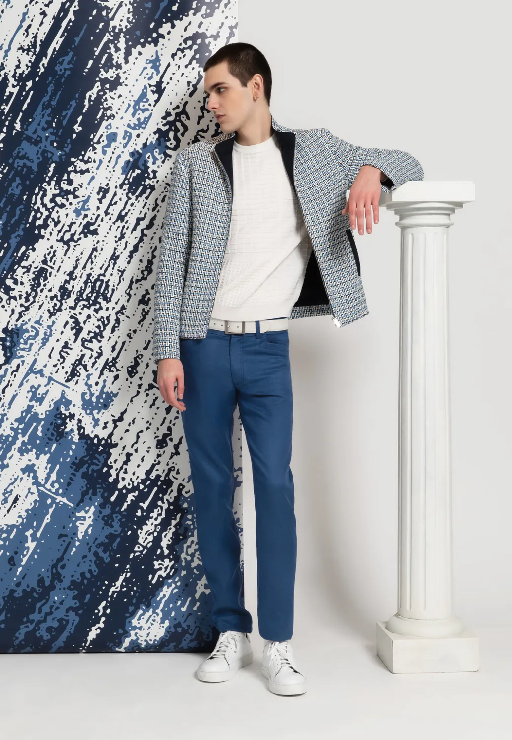 Pierre Talamon Tweed blouson court bleu blanc