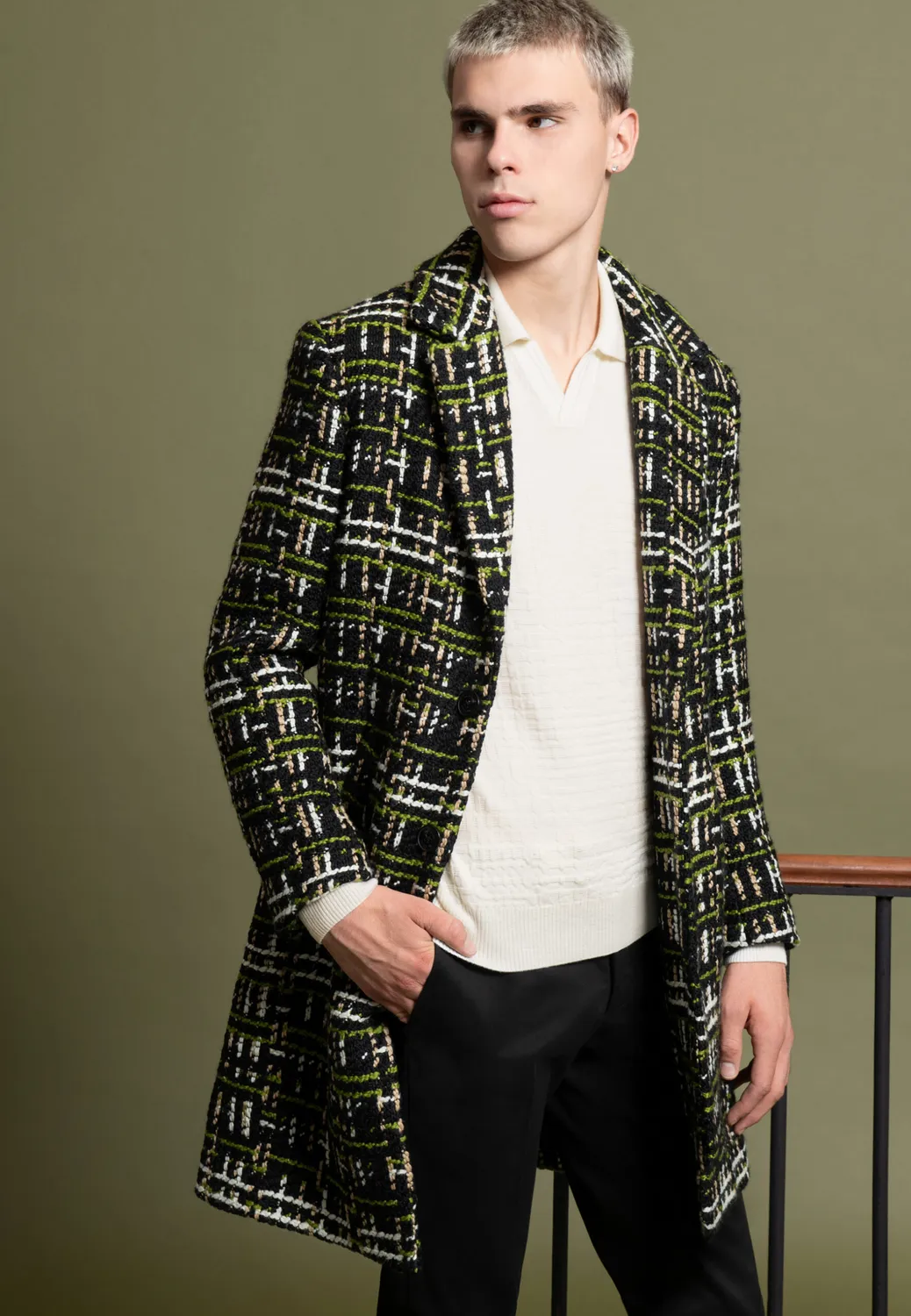 Pierre Talamon tweed manteau laine noir vert beige