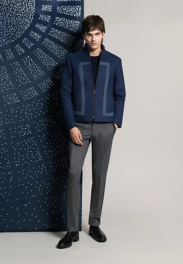 Pierre Talamon Blouson Laine Bleu Zippé Contrasté