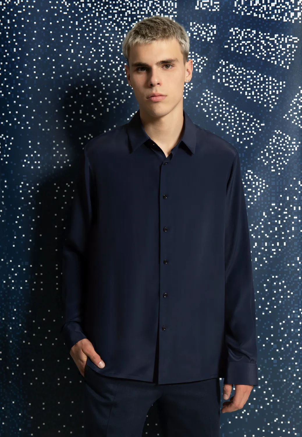 Pierre Talamon chemise crêpe fluide bleu marine