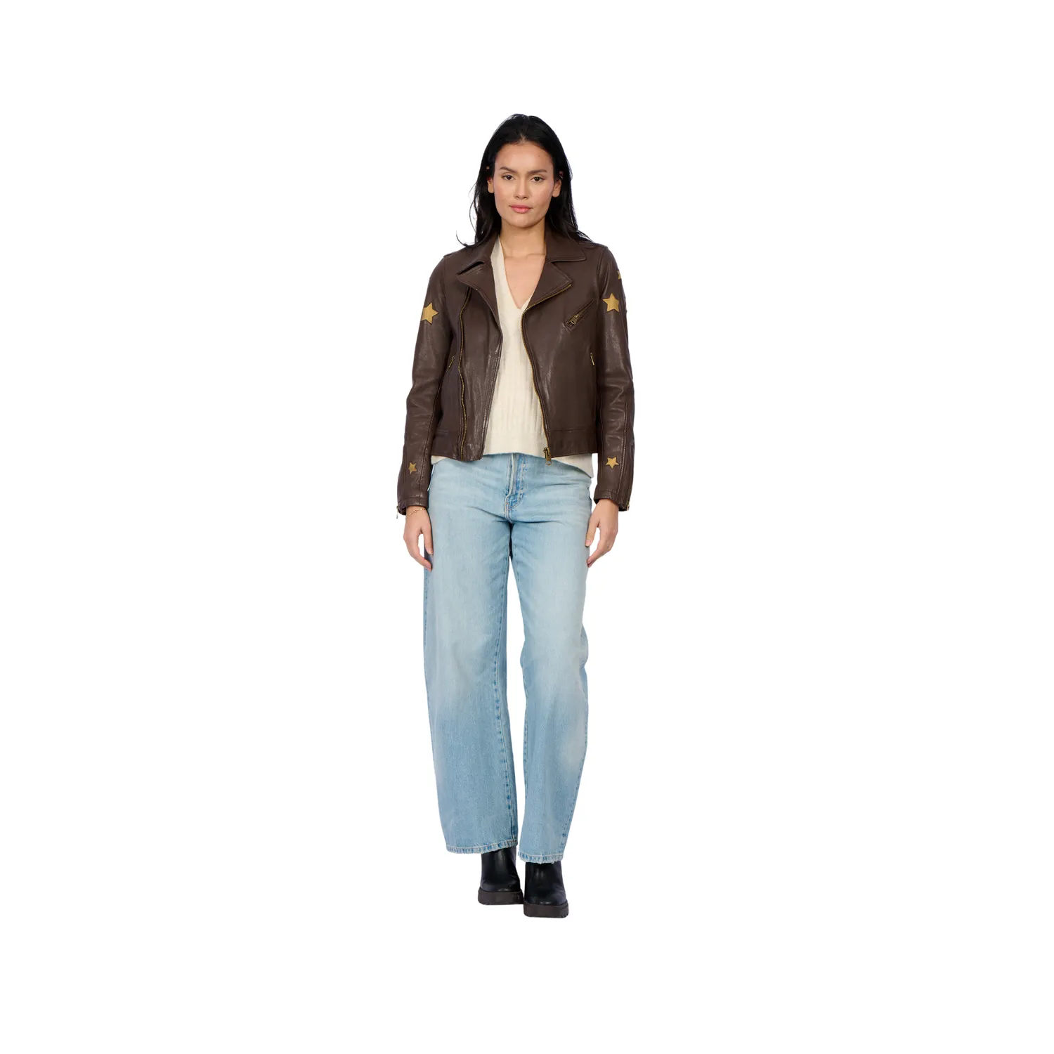 Oakwood Ed 65158 blouson cuir asymétrique choco étoiles