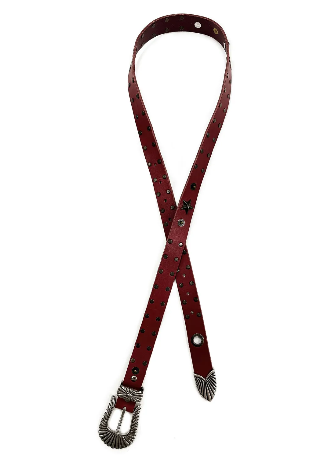Paolo Leduc Cigarette ceinture cuir rouge cloutée