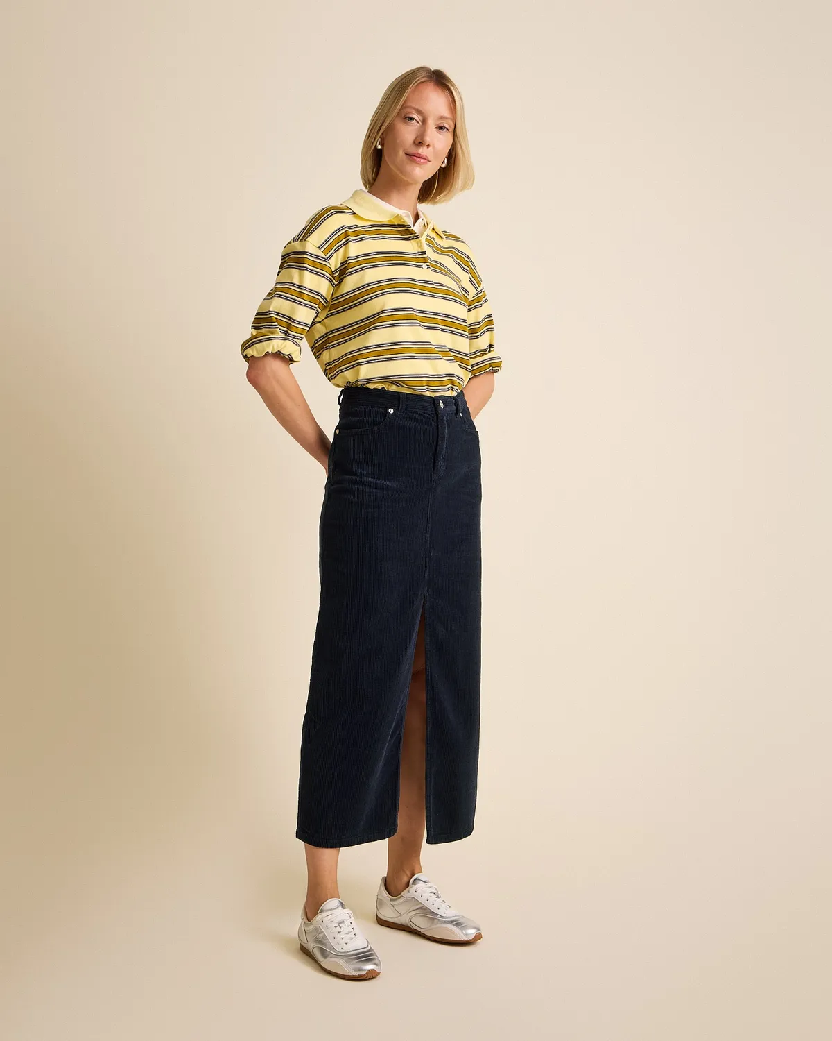 Cotelé Paris Jupe Frida navy midi fendue droite
