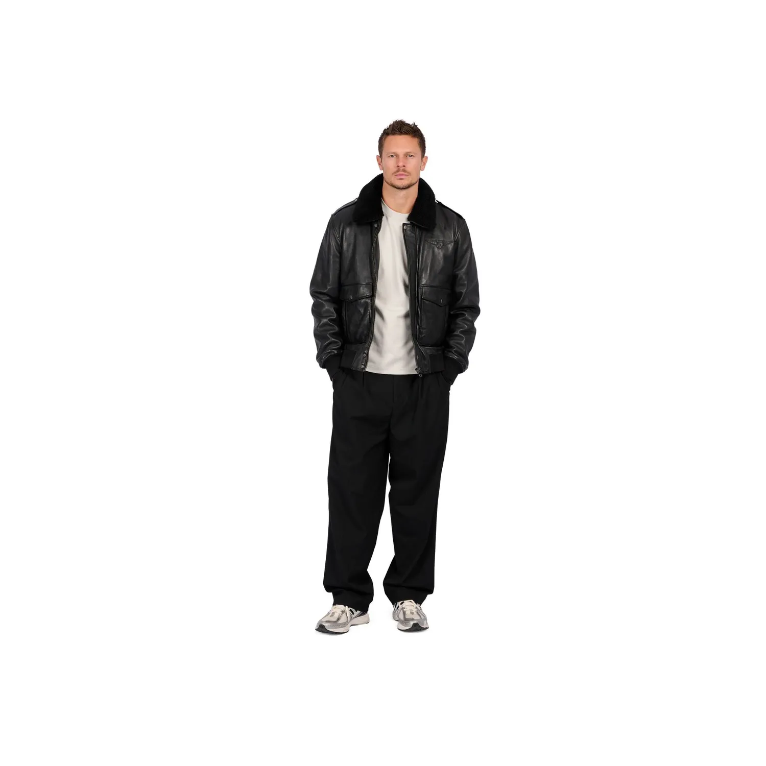 Oakwood B12 65177 blouson cuir homme noir col laine