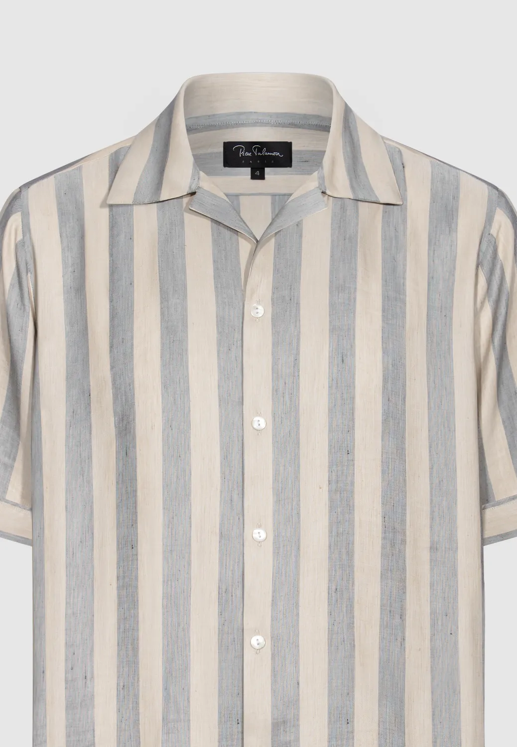 Pierre Talamon chemise rayures beige-bleu manches courtes viscose