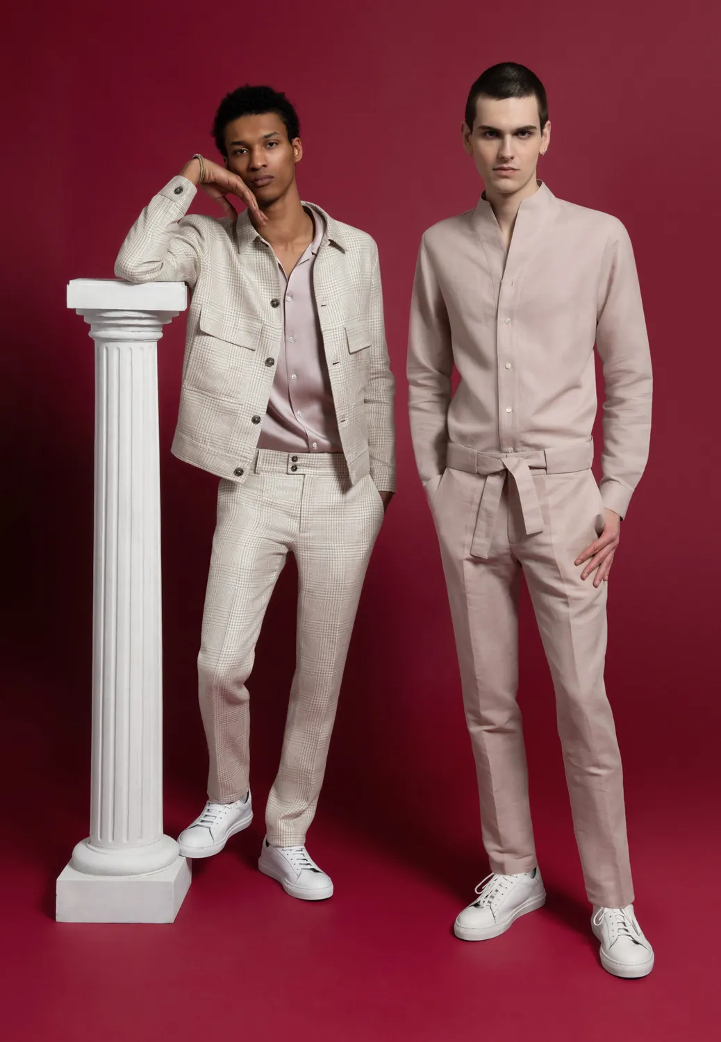 Pierre Talamon pantalon lin rose cendré ceinturé