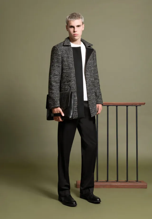Pierre Talamon manteau court zippé noir blanc laine