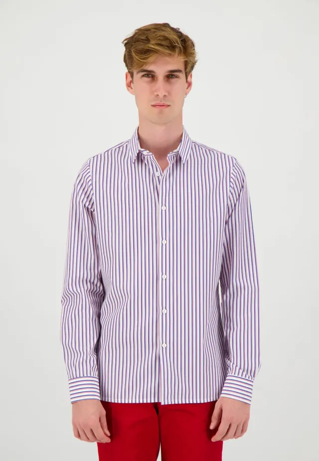 Pierre Talamon chemise rayée bleu rouge coton