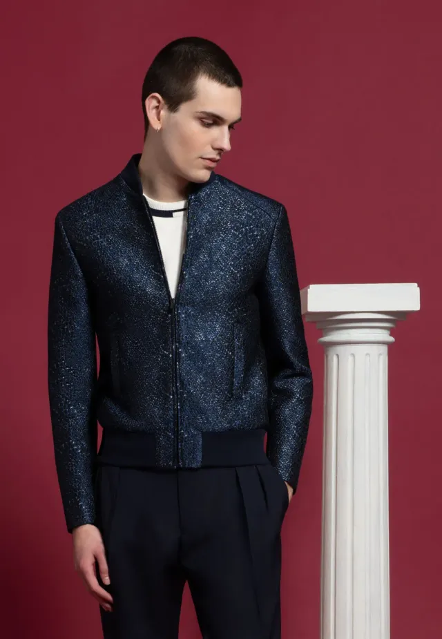 Pierre Talamon Blouson teddy serpent bleu jacquard
