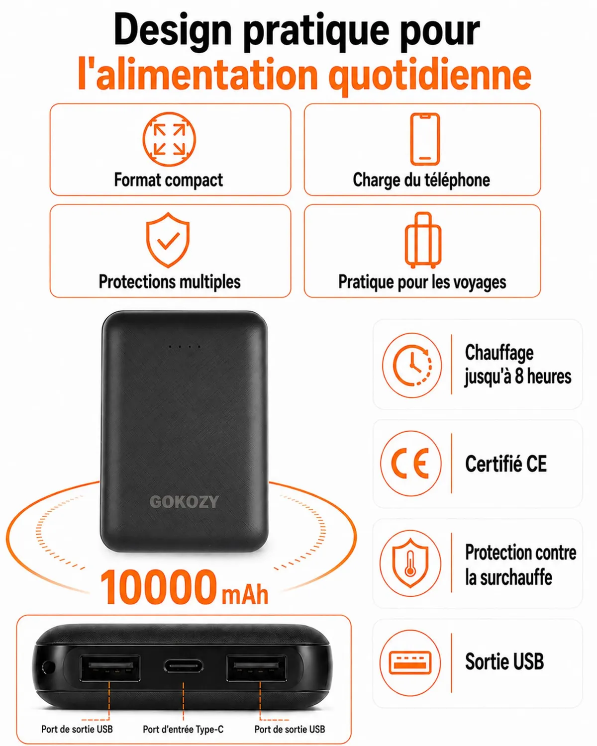 Vapesoon batterie externe 10000mAh gilet chauffant USB-C