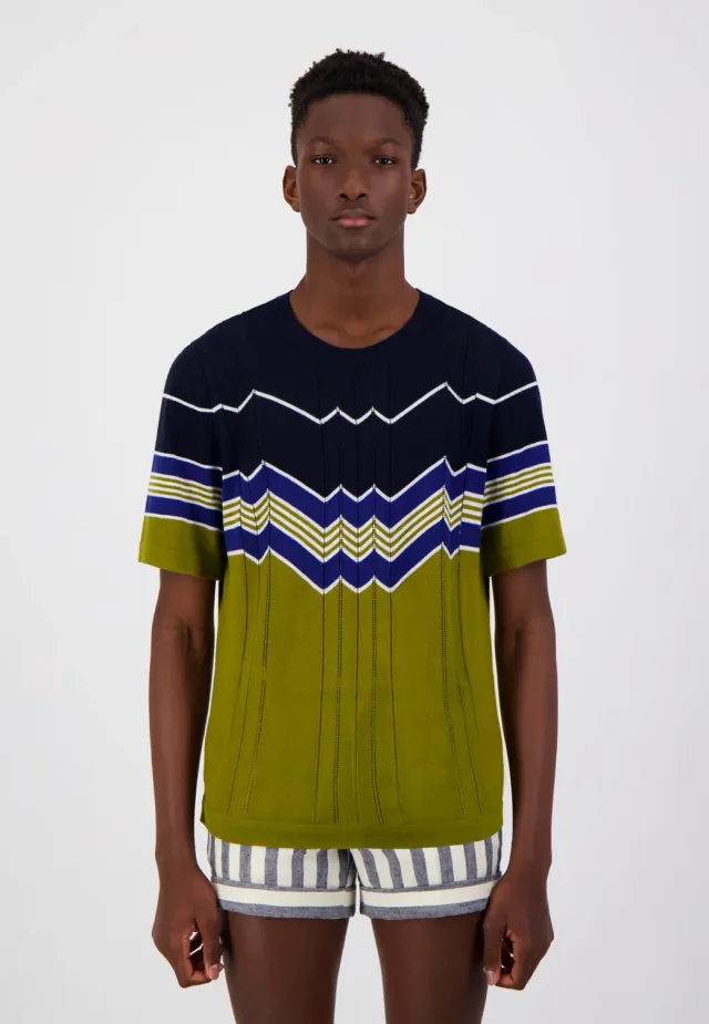 Pierre Talamon Sunrise T-shirt rayé navy kaki coton modal