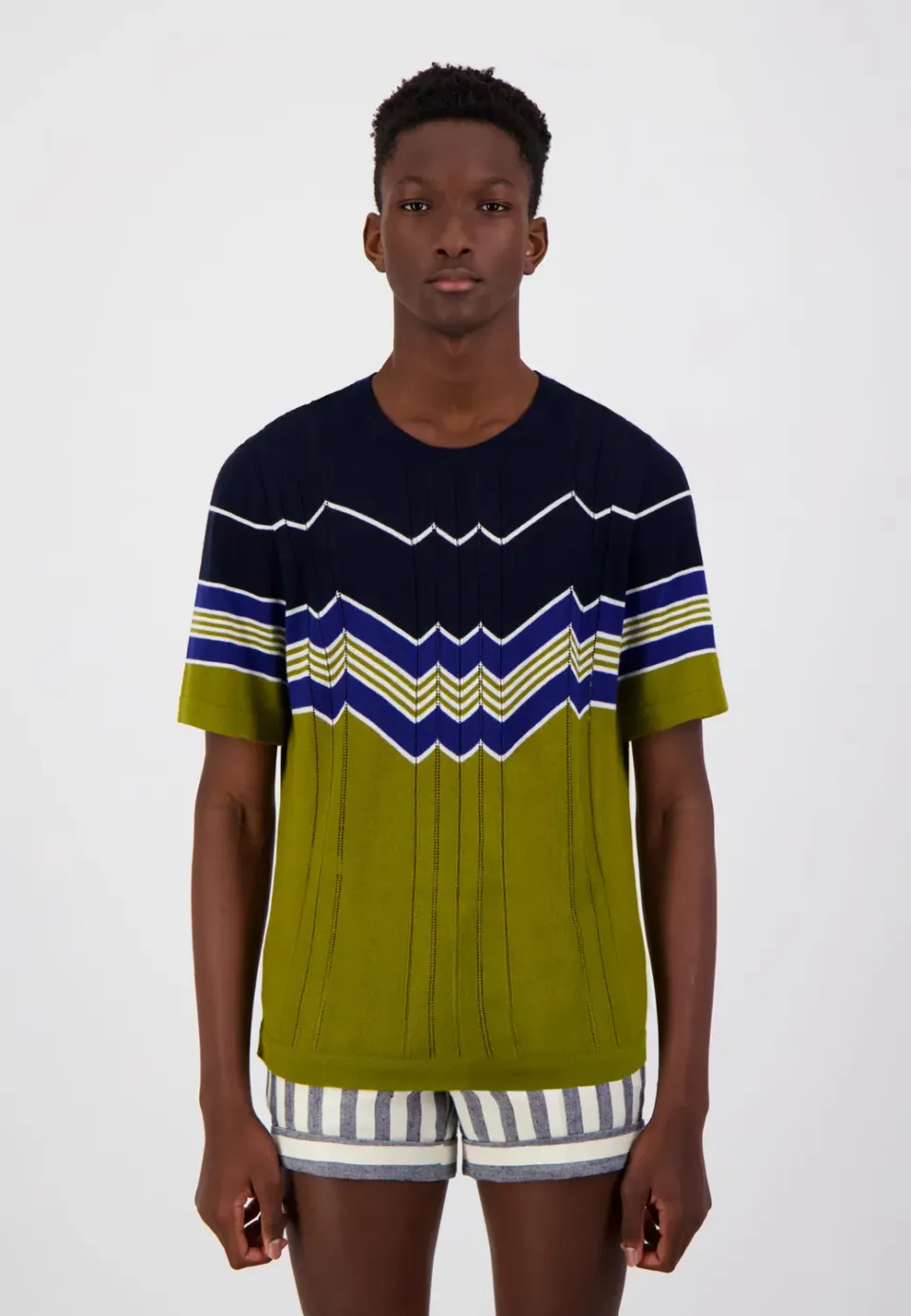 Pierre Talamon Sunrise T-shirt rayé navy kaki coton modal