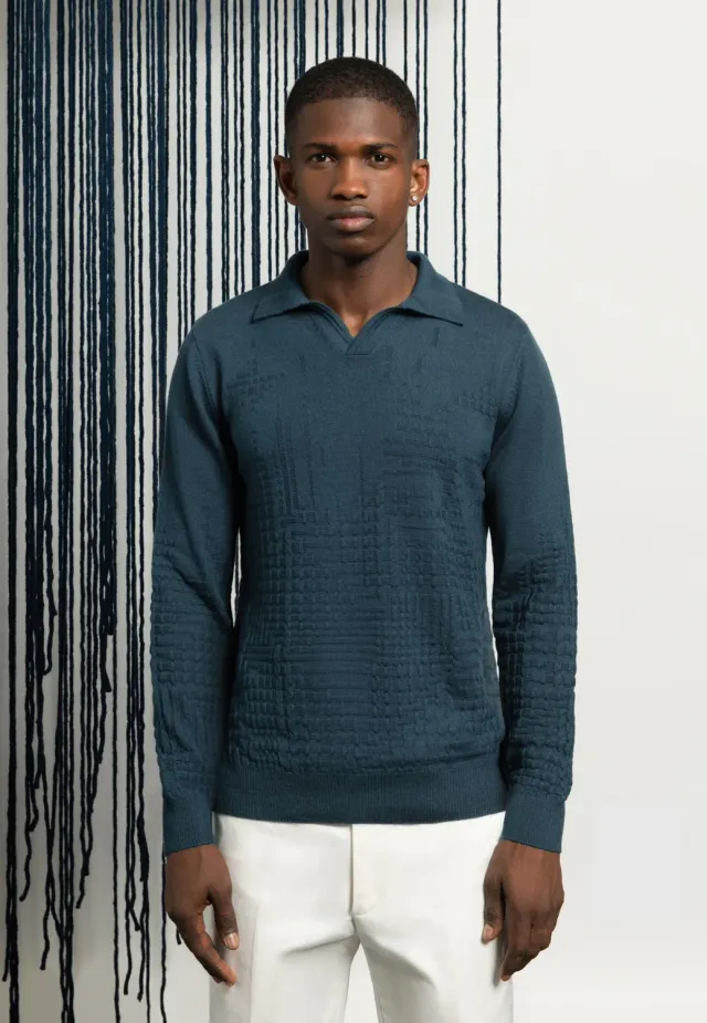 Pierre Talamon Structure polo bleu gris mérinos homme