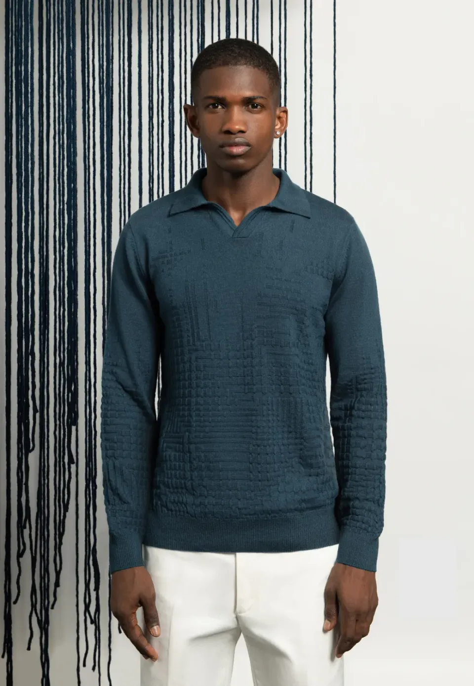 Pierre Talamon Structure polo bleu gris mérinos homme