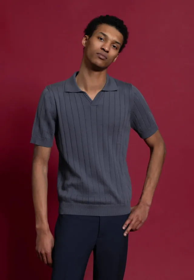 Pierre Talamon Derby polo bleu gris coton
