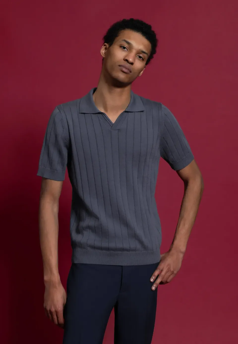 Pierre Talamon Derby polo bleu gris coton