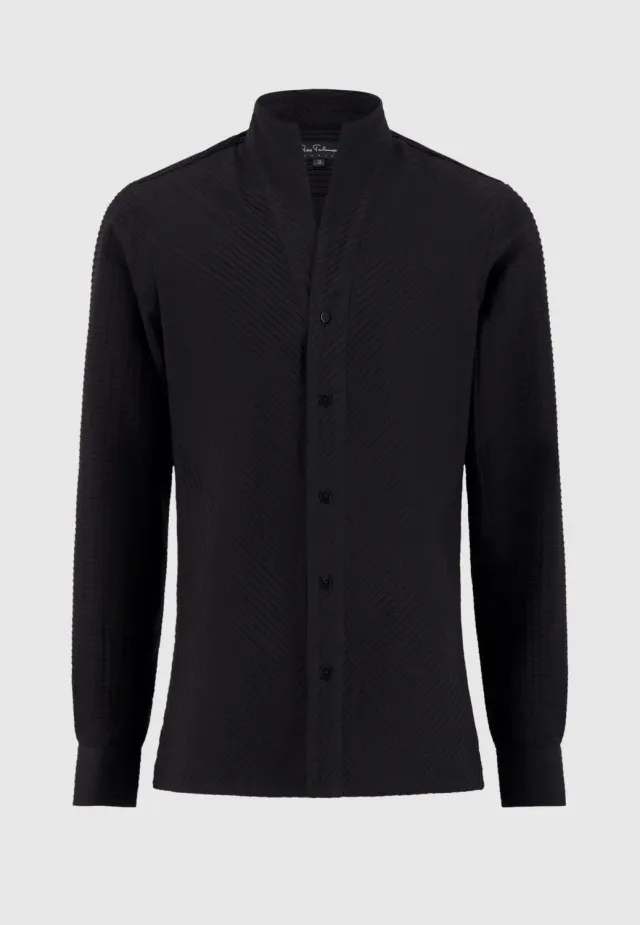 Pierre Talamon Plissé chemise noire col montant