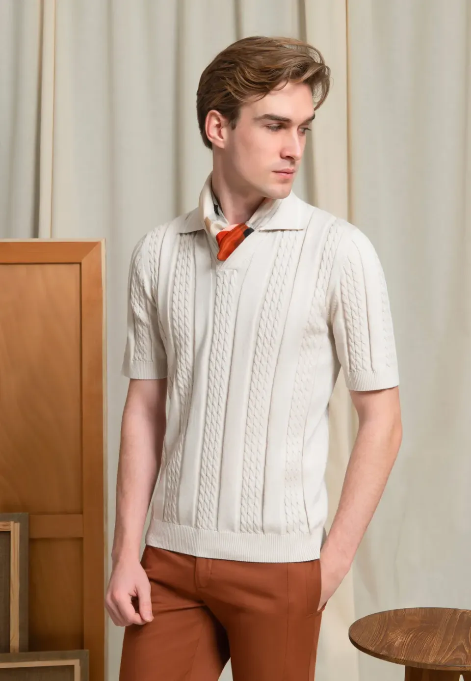 Pierre Talamon Polo Tors Beige Coton Manches Courtes