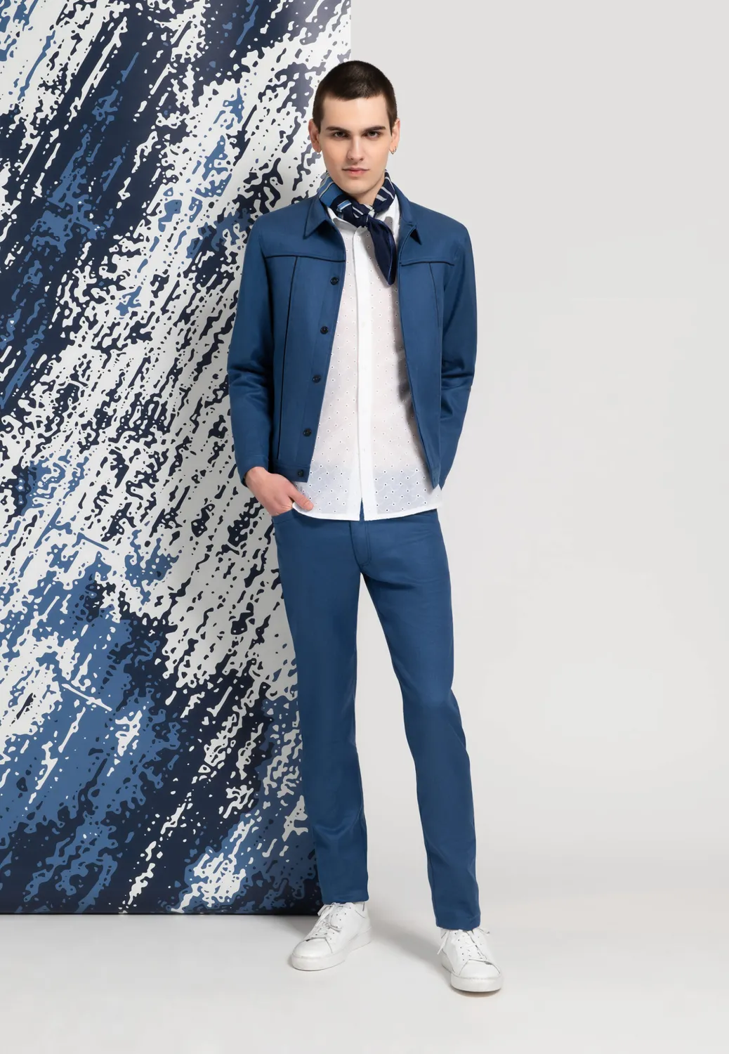 Pierre Talamon Trucker blouson bleu coton lin