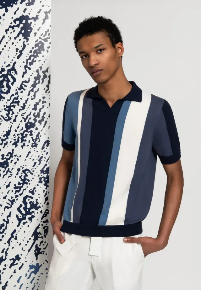 Pierre Talamon polo rayures bleu marine coton