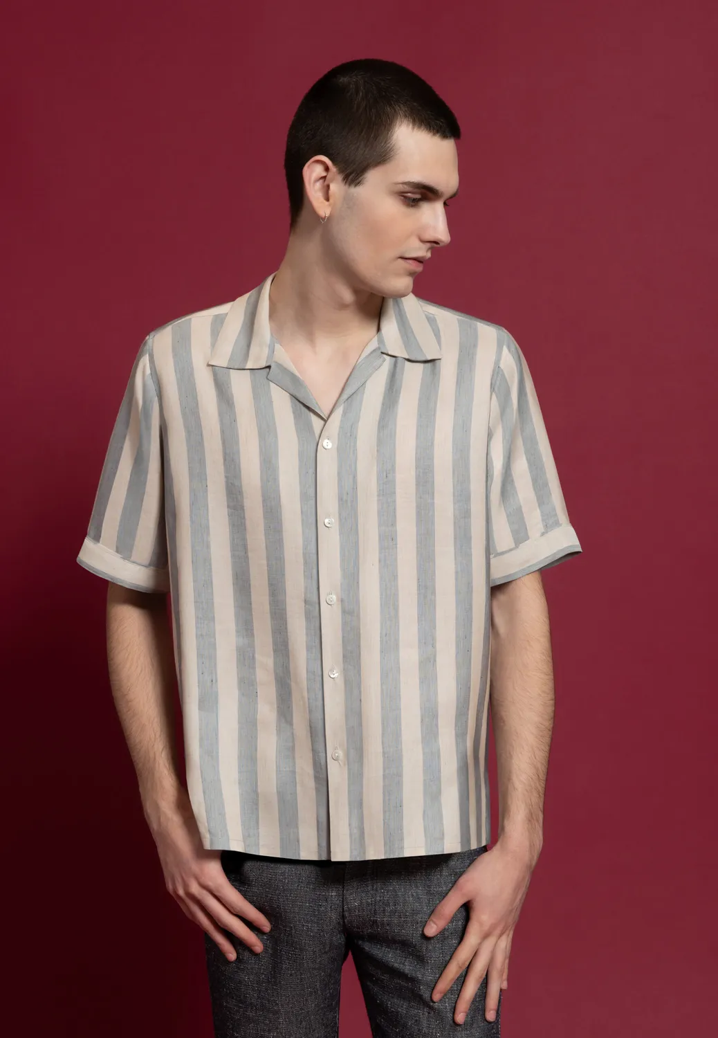 Pierre Talamon chemise rayures beige-bleu manches courtes viscose