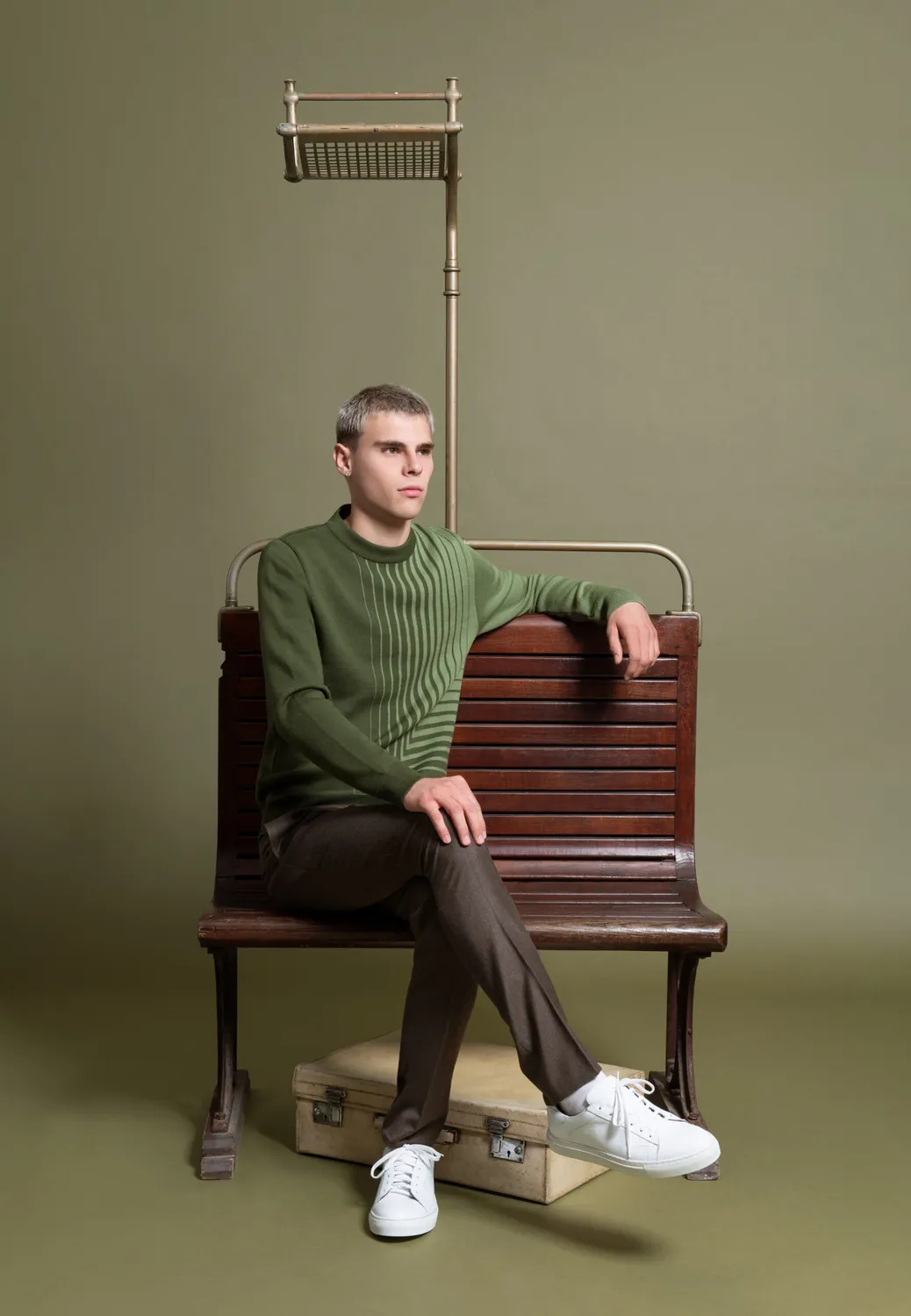 Pierre Talamon Pull jacquard mérinos vert motif géométrique